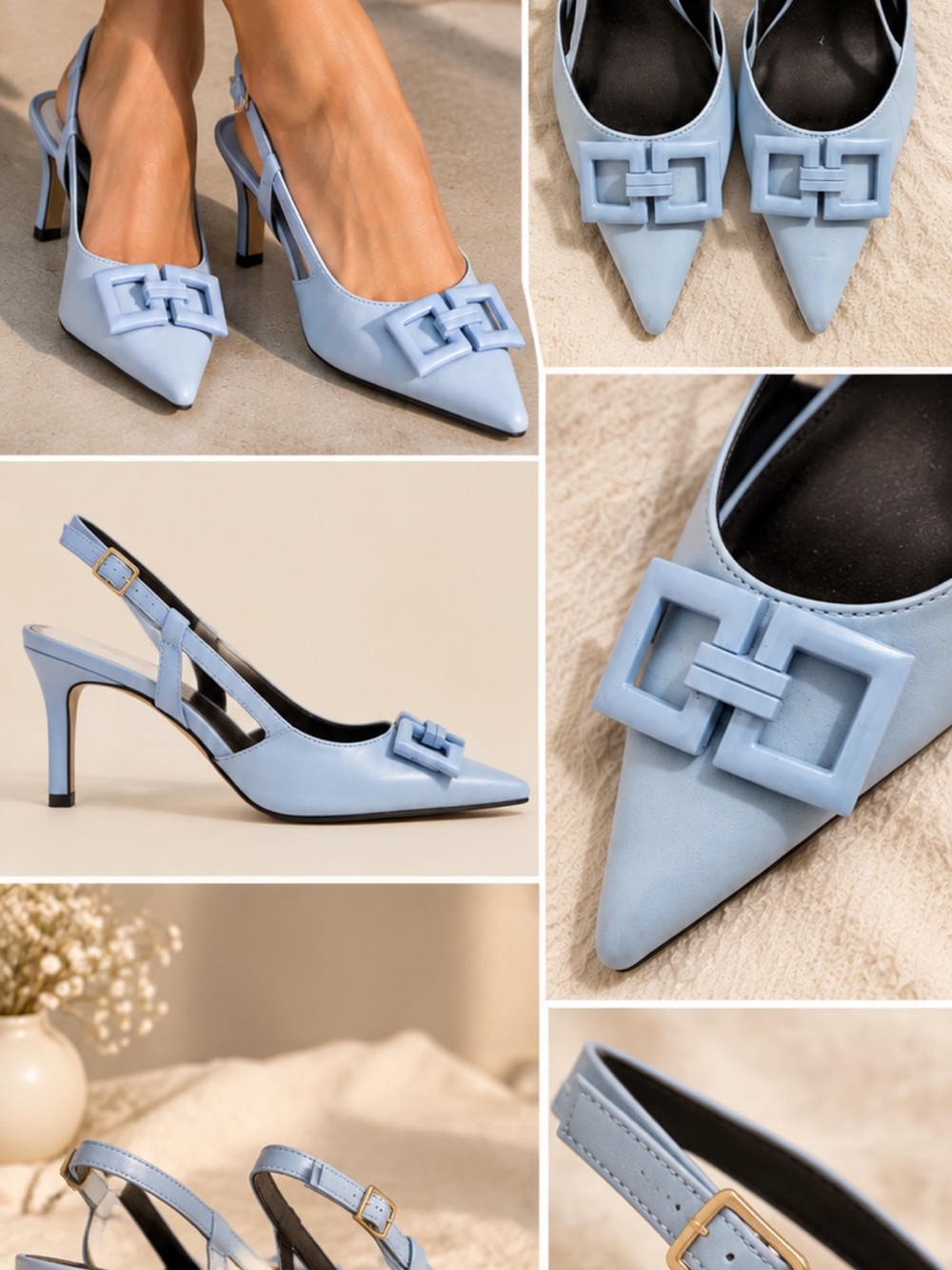 Light Blue Pointed Toe Slingback Heels with Decorative Buckle